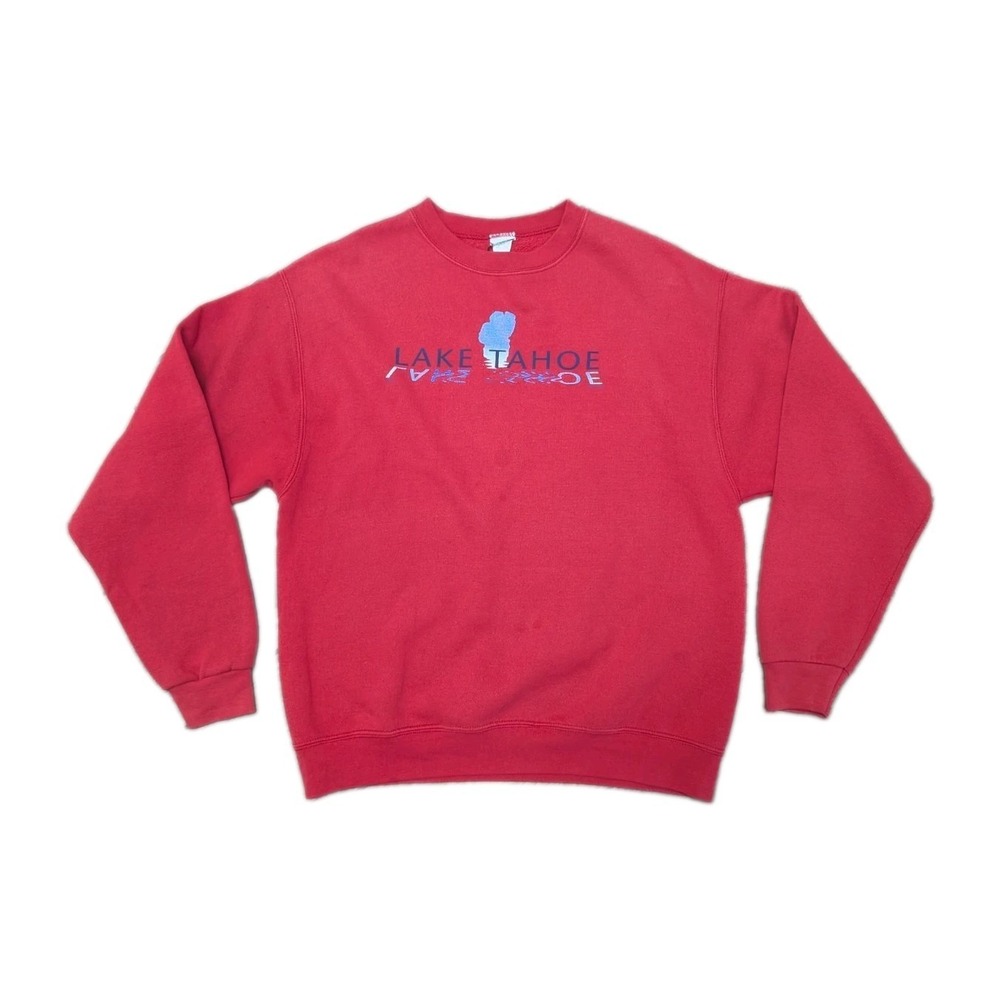 Vintage Lake Tahoe Crewneck Sweatshirt Red Graphic Pullover Made in USA Size M
